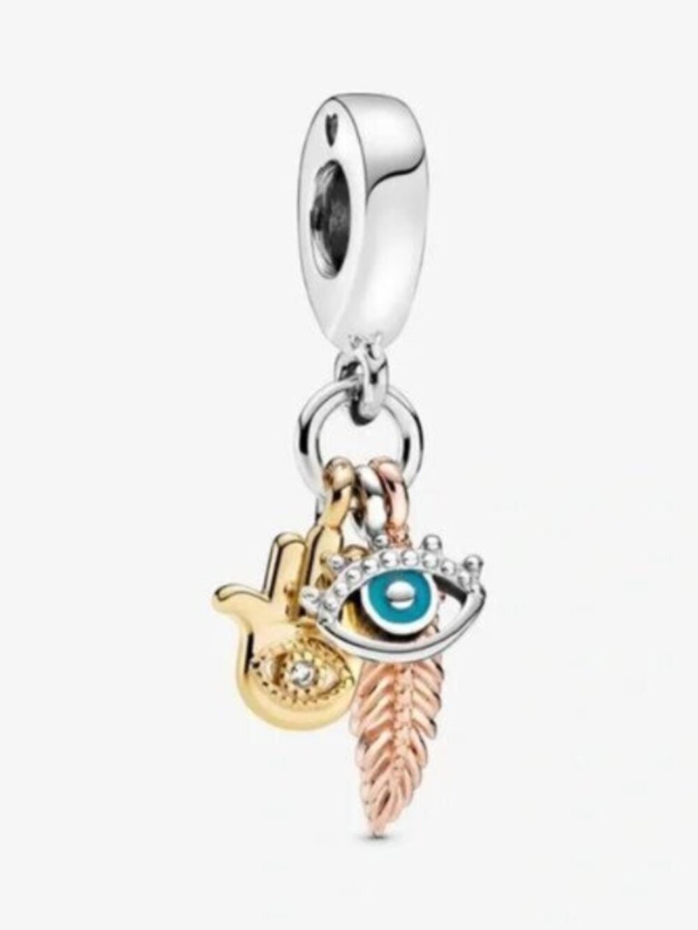 Pandora Multi-Tone Hamsa, Evil Eye & Feather Dangle Charm with Blue Accent